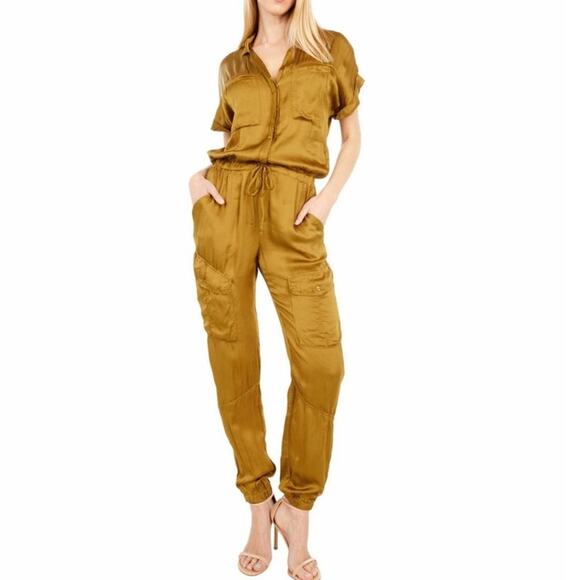 Young Fabulous & Broke Pants - Young Fabulous & Broke Truman Jumpsuit satin safari fern olive green size small